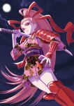  1girl armor boots cloud fanchu_huchang floral_print hair_ribbon hand_on_own_hip highres holding holding_sword holding_weapon hototogisu_tairan japanese_armor japanese_clothes katana kimono long_hair night oni outdoors pale_skin print_kimono red_eyes red_footwear red_ribbon ribbon short_kimono shoulder_armor sode solo standing sword tanaka2009_(heli) very_long_hair weapon 