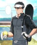  1boy absurdres alternate_costume ball bannriishi baseball_cap black_hair blank_speech_bubble cowboy_shot doudanuki_masakuni field hat highres jacket male_focus sanpaku short_hair sideways_glance solo speech_bubble sportswear tennis tennis_ball tennis_uniform touken_ranbu track_jacket yellow_eyes 