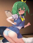  1girl absurdres ass blue_panties butt_crack clothes_lift commentary_request daiyousei dawit green_eyes green_hair highres looking_at_viewer paid_reward_available panties skirt skirt_lift solo touhou underwear 