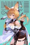  1girl animal_ears arknights bare_shoulders black_skirt blonde_hair breasts brown_eyes cleavage clipboard closed_mouth dorothy_(arknights) gun high-waist_skirt holding holding_clipboard hourglass large_breasts leaning_forward long_hair looking_at_viewer low_ponytail mouse_ears omurice_(304975636) pen sample_watermark skirt smile solo thigh_strap very_long_hair weapon white_background 