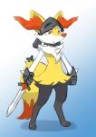  2023 ambiguous_gender anthro armor biped black_body braixen generation_6_pokemon hi_res holding_object holding_sword holding_weapon inner_ear_fluff melee_weapon nintendo orange_body orange_eyes pokemon pokemon_(species) sealer4258 shadow simple_background solo sword tuft weapon white_body yellow_eyes 