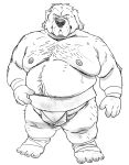  2023 anthro asian_clothing belly big_belly bodily_fluids canid canine canis clothing domestic_dog east_asian_clothing humanoid_hands japanese_clothing kemono male mammal mawashi moobs nipples obese overweight overweight_male simple_background solo sumo sumo_wrestler sweat white_background yamakake 