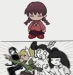  1boy 4girls black_hair blonde_hair braid brown_hair chibi closed_eyes collared_shirt colored_skin extra_arms gaijin_4koma_(meme) green_sweater highres long_hair long_sleeves madotsuki medium_hair meme monoe monoko motion_blur motion_lines multiple_girls no_mouth pikopiko_bibibi pink_sweater pointing poniko ponytail purple_skirt red_footwear sekomumasada_sensei shirt short_sleeves skirt sweater triangle_mouth turtleneck twin_braids twintails white_background white_shirt white_skin yume_nikki 