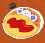  ace_attorney animal_focus chuunosuke_(ace_attorney) closed_eyes closed_mouth commentary_request food food_focus hat hat_removed headwear_removed ketchup lying no_humans omelet omurice on_back orange_background peaked_cap plate rice shino_(shino_dgs) simple_background sleeping solo stuffed_animal stuffed_mouse stuffed_toy the_great_ace_attorney the_great_ace_attorney_2:_resolve under_covers 