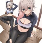  1girl :o arm_support arms_behind_head artist_name barefoot black_hoodie black_pants blue_eyes breasts cleavage cropped_hoodie crossed_bangs feet grey_hair hair_between_eyes hair_bun highres holding holding_towel hood hoodie light_blush long_sleeves looking_at_viewer looking_to_the_side medium_breasts midriff mole mole_under_eye multiple_views navel original pants parted_lips ry_thae sanyu_(ry_thae) single_hair_bun sitting sports_bra standing standing_on_one_leg sweatdrop sweaty_clothes thigh_gap toes towel white_sports_bra wiping_sweat wooden_floor yoga_pants 