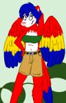  avian bird blue_hair bottomwear clothing female fur hair hybrid macaw mammal mephitid neotropical_parrot parrot red_body red_fur shorts skunk tabbiewolf thursday_(tabbiewolf) true_parrot wings 