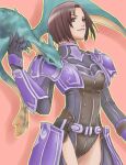  1girl arm_guards armor avatar_(ff11) belt black_belt black_gloves breasts brown_hair closed_mouth cowboy_shot dragoon_(final_fantasy) dragoon_wyvern_(ff11) faulds final_fantasy final_fantasy_xi gloves hand_up hume legs_together leotard medium_breasts outline pink_background red_eyes sakutsuki short_hair shoulder_armor smile solo standing turtleneck yellow_outline 