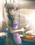  1girl absurdres apron artist_name blurry blurry_background braid brown_hair brown_shirt brown_skirt carrot cooking cutting_board dated day glasses highres holding holding_knife indoors kitchen knife long_hair looking_at_viewer original scrophopper shirt short_sleeves skirt tomato watermark 