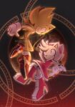  1boy 1girl amy_rose bulletstations dress eyelashes gloves glowing hairband high_heels highres looking_at_another moon night red_dress shoes smile sneakers sonic_(series) sonic_the_hedgehog super_amy_rose super_sonic white_gloves 