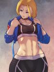  1girl abs ahoge black_sports_bra blonde_hair breasts cammy_white choker commentary_request cowboy_shot crop_top cropped_jacket highres huge_ahoge looking_to_the_side midriff navel pants pendant_choker scar scar_on_cheek scar_on_face short_hair signature solo sports_bra street_fighter street_fighter_6 tight tight_pants yuenibushi 