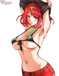  1girl armpits arms_up breasts chest_jewel clothes_lift english_commentary large_breasts lifted_by_self mina_cream navel pyra_(xenoblade) red_eyes red_hair red_shorts shirt_lift short_hair short_shorts shorts solo stomach strap_gap tiara xenoblade_chronicles_(series) xenoblade_chronicles_2 