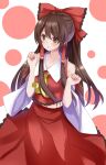  1girl ascot bare_shoulders bow brown_eyes brown_hair collarbone collared_shirt detached_sleeves frilled_bow frilled_shirt frilled_skirt frills gurin hair_between_eyes hair_bow hair_tubes hakurei_reimu highres long_hair red_bow red_ribbon red_shirt red_skirt ribbon ribbon-trimmed_sleeves ribbon_trim shirt simple_background skirt solo touhou white_background wide_sleeves yellow_ascot 