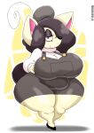  anthro belly big_breasts black_hair breasts brown_eyes canid canine canis clothing domestic_dog female footwear hair hat headgear headwear hi_res lilith_(thedeathcrow05) mammal one_eye_obstructed overalls shirt shoes smile solo thedeathcrow05 thick_thighs topwear yellow_body 