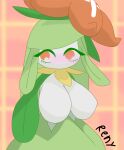  anthro big_breasts breasts confusion cute_eyes eyelashes female generation_5_pokemon green_body green_hair hair hi_res huge_breasts humanoid leaf lilligant looking_at_viewer nintendo orange_eyes plant pokemon pokemon_(species) renyartz solo white_body 