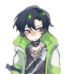  1boy animification apex_legends black_hair black_vest blush crypto_(apex_legends) hair_between_eyes highres jacket jewelry kzk_wanko looking_at_viewer male_focus necklace simple_background sketch solo upper_body vest white_background white_jacket 