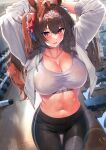  1girl animal_ears arms_behind_head arms_up black_pants blush bow breasts brown_hair cleavage collarbone daiwa_scarlet_(umamusume) drawstring dumbbell gym hair_bow hair_intakes highres horse_ears horse_girl horse_tail jacket kawai_(purplrpouni) large_breasts long_hair long_sleeves looking_at_viewer navel open_clothes open_jacket pants red_bow red_eyes solo sports_bra sweat tail thighs tiara track_jacket twintails umamusume very_long_hair white_jacket white_sports_bra yoga_pants 