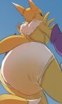 2022 anthro armwear bandai_namco black_sclera blue_eyes bodily_fluids breasts canid clothed clothing diaper diaper_fetish digimon digimon_(species) digital_media_(artwork) female fur genital_fluids hi_res looking_at_viewer looking_back mammal milkriot rear_view renamon simple_background solo urine wearing_diaper wet_diaper wetting wetting_diaper yellow_body yellow_fur 
