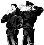  2boys albert_wesker chris_redfield closed_mouth earpiece eating food food_on_face greyscale hair_slicked_back hands_in_pockets holding holding_food long_sleeves monochrome multiple_boys muscular muscular_male open_mouth police police_uniform resident_evil simple_background tatsumi_(psmhbpiuczn) uniform white_background 