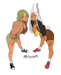  2girls :d animal_ears artist_name black_footwear black_jacket black_wristband boku_no_hero_academia breasts brown_jacket brown_shirt brown_skirt cleavage collarbone dark-skinned_female dark_skin fire_emblem fire_emblem_heroes full_body green_hair green_skirt hands_on_own_thighs jacket laegjarn_(fire_emblem) large_breasts leaning_forward legs long_eyelashes long_hair looking_at_viewer meziosaur mirko multicolored_hair multiple_girls orange_hair rabbit_ears rabbit_girl rabbit_tail red_eyes red_footwear shirt shoes skirt smile sneakers socks tail tail_through_clothes teeth thighs toned very_long_hair white_background white_hair white_socks yellow_shirt 