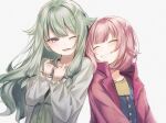  2girls blue_overalls blush closed_eyes dress facing_another green_dress green_hair grey_shirt grin hair_between_eyes hands_on_own_chest highres hood hood_down hooded_jacket jacket kusanagi_nene long_hair long_sleeves looking_at_another multiple_girls nuko_0108 ootori_emu open_clothes open_mouth open_shirt overalls own_hands_together pink_hair pink_jacket project_sekai purple_eyes raised_eyebrows shirt side-by-side sidelocks simple_background smile teeth upper_body white_background 