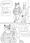  2023 anthro belly bernielover blush bottomwear canid canine clothing comic dialogue disney duo english_text fan_character fox gideon_grey hi_res lagomorph leporid male mammal overweight overweight_male pants rabbit shirt tail tail_motion tailwag text topwear zootopia 