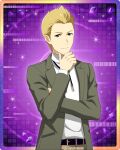  1boy belt blonde_hair blue_eyes fingernails hand_on_own_chin idolmaster idolmaster_side-m idolmaster_side-m_growing_stars ijuuin_hokuto jacket long_sleeves looking_at_viewer male_focus official_alternate_costume official_art open_clothes open_jacket smile solo turtleneck 