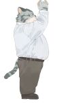  2023 absurd_res anthro belly big_belly bottomwear clothing domestic_cat felid feline felis hi_res humanoid_hands huynhduyad14 kemono male mammal overweight overweight_male pants shirt simple_background solo topwear white_background 