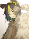  1boy animal_ears black_hair blush brown_eyes brown_hoodie euphoria_lberte fox_boy fox_ears genshin_impact gloves goggles green_eyes green_hair grey_background hair_ornament highres hood hood_down hoodie jacket leaf_hair_ornament light_green_hair long_sleeves male_focus multicolored_eyes multicolored_hair parted_lips short_hair sketch solo teeth tighnari_(genshin_impact) white_background white_gloves white_jacket 