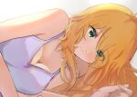 1girl ahoge bare_shoulders blonde_hair blurry blurry_foreground blush breasts camisole cleavage close-up closed_mouth collarbone eyes_visible_through_hair green_eyes highres hoshii_miki idolmaster idolmaster_(classic) idolmaster_million_live! idolmaster_million_live!_theater_days long_hair looking_at_viewer lying medium_breasts on_side purple_camisole simple_background smile solo wakaayu3 white_background 