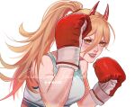  1girl blonde_hair boxing_gloves chainsaw_man cross-shaped_pupils facebook_logo fangs grey_sports_bra high_ponytail highres horns ko-fi_logo long_hair looking_to_the_side parted_lips patreon_logo power_(chainsaw_man) red_horns simple_background smile solo sports_bra sweat symbol-shaped_pupils taestymaee twitter_logo white_background yellow_eyes 