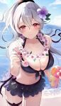  1girl absurdres alternate_color alternate_hairstyle beach bikini black_bikini black_skirt blue_sky blush breasts cleavage cloud collarbone commentary_request corrin_(female)_(fire_emblem) corrin_(female)_(summer)_(fire_emblem) corrin_(fire_emblem) day fingernails fire_emblem fire_emblem_fates fire_emblem_heroes flower flower_necklace frilled_skirt frills hair_between_eyes hair_flower hair_ornament highres holding holding_spoon large_breasts long_hair looking_at_viewer navel norimaki_(nrmk_norinori) ocean official_alternate_costume outdoors pink_flower pink_nails ponytail purple_flower red_eyes sand skirt sky smile solo spoon stomach swimsuit water white_hair 