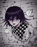  1boy :d ? brick_wall buttons checkered_clothes checkered_scarf danganronpa_(series) danganronpa_v3:_killing_harmony drooling flipped_hair grey_jacket hair_between_eyes highres jacket long_sleeves male_focus multicolored_hair oma_kokichi scarf shaded_face smile solo speech_bubble spoken_question_mark sweat teeth through_wall two-tone_hair upper_teeth_only yuna_(uxxuvu) 