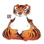  2023 anthro breasts clothed clothing dekonsfw dreamworks exposed_breasts felid female front_view half-length_portrait holding_breast kung_fu_panda mammal master_tigress nipples pantherine partially_clothed portrait simple_background solo stripes tiger white_background 
