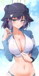  1girl absurdres animal_ears blue_archive blush breasts cleavage collarbone cropped_jacket glaring halo hat highres jjjsss large_breasts long_sleeves looking_at_viewer navel purple_hair saki_(blue_archive) short_hair solo swimsuit wet zipper_pull_tab 
