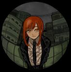  1girl bangs black_jacket black_necktie black_pants braid braided_ponytail chainsaw_man circular_border collared_shirt formal hhn_965 jacket looking_at_viewer makima_(chainsaw_man) medium_hair necktie pants peephole perspective red_hair ringed_eyes shirt shirt_tucked_in sidelocks solo suit suit_jacket white_shirt yellow_eyes 