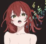  1girl bocchi_the_rock! breasts brown_background cleavage collarbone commentary_request crossed_bangs floating_hair green_eyes hair_between_eyes highres kita_ikuyo long_hair looking_at_viewer musical_note nude one_side_up open_mouth red_hair simple_background solo teeth tongue tongue_out topless ukitaryu upper_teeth_only 