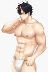  1boy abs bara black_hair blush bulge cowboy_shot eyeshadow fundoshi hair_between_eyes hand_on_own_neck highres horns japanese_clothes large_pectorals looking_to_the_side makeup male_focus muscular muscular_male navel naya_yuuji nipples oni oni_(naya_yuuji) oni_horns original pectorals red_eyeshadow short_hair sideburns solo stomach thick_thighs thighs topless_male 