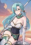  1girl bare_shoulders blue_hair braid breasts chascoby chloe_(fire_emblem) elbow_gloves fire_emblem fire_emblem_engage fire_emblem_heroes gloves green_eyes highres holding holding_polearm holding_weapon large_breasts long_hair polearm side_braid sitting solo thighhighs weapon 