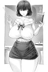  1girl book breasts chalkboard collarbone covered_nipples fubuki_(one-punch_man) highres huge_breasts large_breasts looking_at_viewer mogudan nipples no_bra one-punch_man short_hair solo teacher thick_thighs thighs tight_clothes 