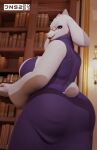  anthro big_breasts big_butt boss_monster bovid breasts butt cake caprine clothed clothing dessert eyewear female first_person_view food glasses hi_res jacobnines2 library looking_at_viewer mammal mature_female solo thick thick_thighs toriel undertale undertale_(series) 