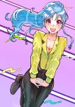  1girl blue_hair botan_(yu_yu_hakusho) breasts cleavage collarbone high_ponytail highres long_hair long_sleeves looking_at_viewer open_mouth pants polypolyeses purple_background red_eyes signature solo suspenders yu_yu_hakusho 