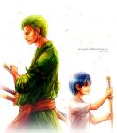  1boy 1girl 2016 age_difference artist_name blue_hair closed_mouth earrings from_side green_hair holding holding_sword holding_weapon japanese_clothes jewelry katana kuina one_eye_closed one_piece roronoa_zoro scar scar_across_eye shirt short_hair single_earring smile starpiece sword weapon web_address 