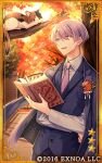  1boy :d amaichi_esora autumn_leaves blue_jacket blue_pants blue_vest book boutonniere brick_wall bungou_to_alchemist calico card_(medium) cat collared_shirt copyright crossed_arms flower gate hair_between_eyes holding holding_book jacket jacket_on_shoulders kitahara_hakushuu_(bungou_to_alchemist) lapels long_sleeves looking_at_animal lowres male_focus necktie notched_lapels official_art open_book orange_flower pants pavement pink_flower pink_necktie purple_eyes purple_hair shirt short_hair smile solo tree upper_body vest white_shirt 