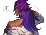  1boy ? bare_shoulders bhima_(fate) dark-skinned_male dark_skin edith-lang embroidery fate/grand_order fate_(series) gold_trim hair_between_eyes long_hair looking_at_viewer looking_back male_focus muscular muscular_male purple_eyes purple_hair removing_jacket shirt sidelocks signature white_background white_shirt 