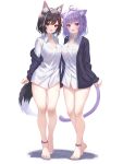  2girls absurdres ahoge alternate_hair_length alternate_hairstyle animal_ear_fluff animal_ears barefoot black_hair blue_cardigan blush bottomless breasts cardigan cat_ears cat_girl cat_tail cleavage collared_shirt commentary_request feet heel_up highres hololive large_breasts light_purple_hair long_sleeves looking_at_viewer multicolored_hair multiple_girls nail_polish nekomata_okayu no_pants ookami_mio open_cardigan open_clothes open_mouth purple_eyes red_hair shirt short_hair smile standing streaked_hair tail toenail_polish toenails toes togemaru34 virtual_youtuber white_hair white_shirt wolf_ears wolf_girl wolf_tail yellow_eyes 