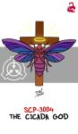  2021 2_antennae 4_wings 6_legs ambiguous_gender antennae_(anatomy) arthropod arthropod_abdomen black_text blue_wings broken_lock_symbol character_name christianity cicada colored cross crucifix crucifixion dated digital_drawing_(artwork) digital_media_(artwork) empty_eyes english_text exoskeleton feral front_view full-length_portrait halo hexapod hi_res insect lock_symbol mandibles multi_wing multicolored_wings portrait purple_body purple_exoskeleton purple_wings red_lock_symbol red_text religion scp-3004-1 scp_foundation signature simple_background solo spread_wings text white_background white_eyes wings wood yellow_emanata yellow_halo zal-cryptid 