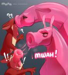  ambiguous_gender canid canine contagious duo equid equine feral fox goo_transformation gummy_creature hi_res horse infectious kiss_on_lips mammal manahallowhound nose_kiss pink_body startled surprise_transformation surprised_expression surprised_look transformation transformation_by_substance 