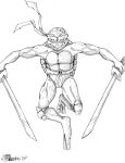  2019 2_toes anthro bandanna belt clenched_teeth feet front_view hi_res holding_katana holding_object holding_sword holding_weapon jumping katana kerchief knee_pads leonardo_(tmnt) looking_at_viewer male marcushunter melee_weapon mostly_nude narrowed_eyes reptile scalie shell signature solo sword teenage_mutant_ninja_turtles teeth toes turtle weapon 