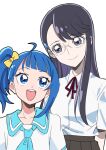  2girls :d absurdres blue_eyes blue_hair bow commentary_request eyelashes glasses hair_bow hair_ornament hairclip happy heartcatch_precure! high_ponytail high_side_ponytail highres hirogaru_sky!_precure looking_at_another multiple_girls open_mouth ponytail precure purple_eyes purple_hair ribbon school_uniform shirt side_ponytail simple_background sketch smile sora_harewataru standing tsukikage_oyama tsukikage_yuri white_background white_shirt yellow_bow 