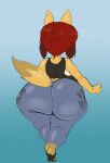  2023 anthro big_butt bottomless breasts butt canid canine clothed clothing female footwear hair hair_bun heart_on_butt hi_res high_heels huge_butt male_(lore) mammal open_toe_heels painted_clothing purple_yoshi_draws raccoon_dog rear_view red_hair shirt solo tail tank_top tanuki topwear tsuki_(stunna) 